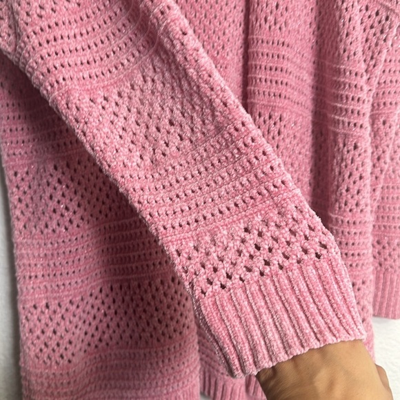 Lane Bryant Women’s Size 18/20 Open Weave Cardigan Pink Chenille Metallic Thread - Picture 3 of 8